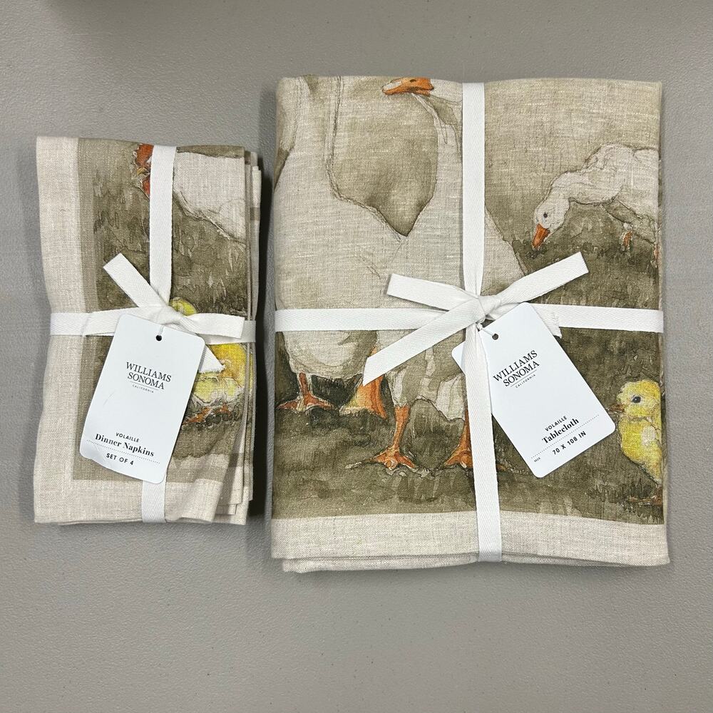 Williams Sonoma Volaille Tablecloth 70 x 108 + 4 Napkins Rabbit 100% Linen NWT